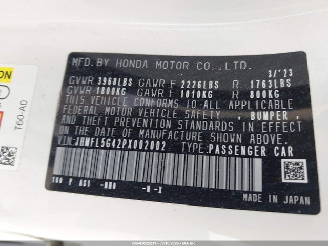 2023 Honda Civic Type R Touring მანქანა იყიდება აუქციონზე, vin: JHMFL5G42PX002002, აუქციონის ნომერი: 45822231