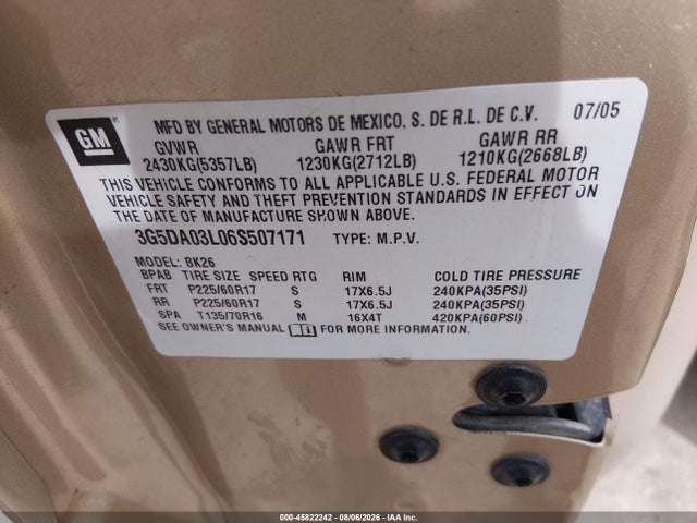 45822242 :رقم المزاد ، 3G5DA03L06S507171 vin ، 2006 Buick Rendezvous Cx مزاد بيع