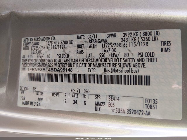 45822243 :رقم المزاد ، 1FBNE3BL4BDA96148 vin ، 2011 Ford E-350 Super Duty Xlt مزاد بيع