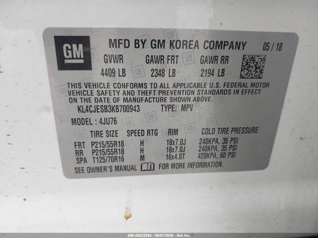 Продажа на аукционе авто 2019 Buick Encore Awd Preferred, vin: KL4CJESB3KB700943, номер лота: 45822264