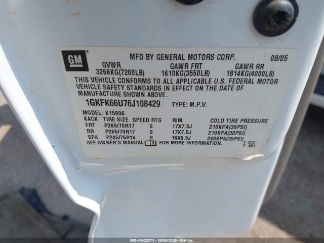 Aukcja sprzedaży 2006 Gmc Yukon Xl 1500 Denali, vin: 1GKFK66U76J108429, numer aukcji: 45822273