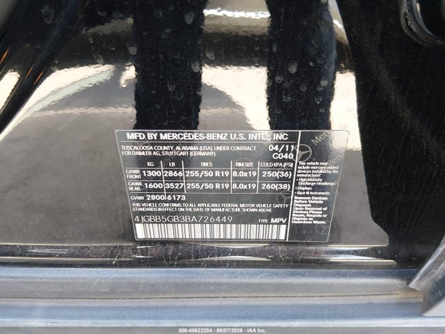 45822284 :رقم المزاد ، 4JGBB5GB3BA726449 vin ، 2011 Mercedes-benz Ml 350 مزاد بيع