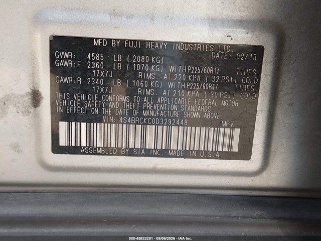 2013 Subaru Outback 2.5i Limited მანქანა იყიდება აუქციონზე, vin: 4S4BRCKC0D3292448, აუქციონის ნომერი: 45822291
