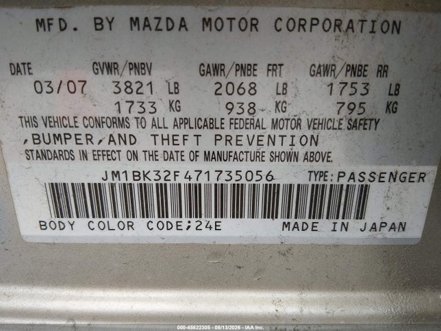 Продажа на аукционе авто 2007 Mazda Mazda3 I, vin: JM1BK32F471735056, номер лота: 45822305