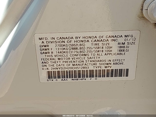 Продаж на аукціоні авто 2012 Acura Mdx, vin: 2HNYD2H20CH512893, номер лоту: 45822310