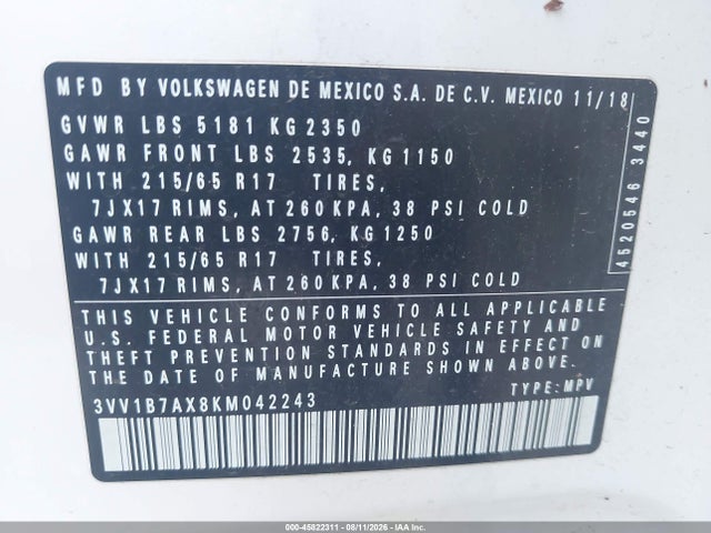Продаж на аукціоні авто 2019 Volkswagen Tiguan 2.0t S, vin: 3VV1B7AX8KM042243, номер лоту: 45822311
