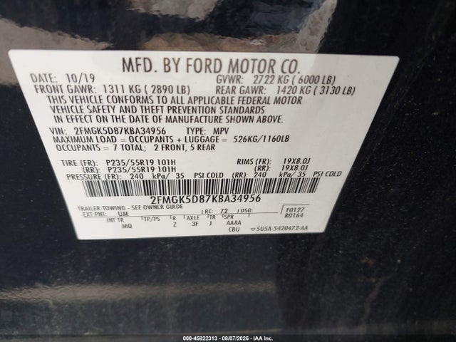 Aukcja sprzedaży 2019 Ford Flex Limited, vin: 2FMGK5D87KBA34956, numer aukcji: 45822313