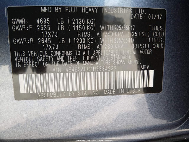 Продаж на аукціоні авто 2017 Subaru Outback 2.5i Premium, vin: 4S4BSAFC1H3334232, номер лоту: 45822315