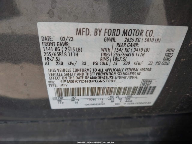 45822320 :رقم المزاد ، 1FMSK7DH0PGA57291 vin ، 2023 Ford Explorer Xlt مزاد بيع