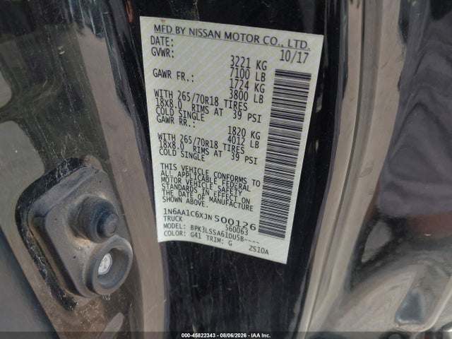 Aukcja sprzedaży 2018 Nissan Titan Sv, vin: 1N6AA1C6XJN500126, numer aukcji: 45822343