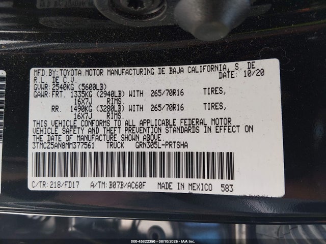 Auction sale of the 2021 Toyota Tacoma Trd Off-road, vin: 3TMCZ5AN8MM377561, lot number: 45822350