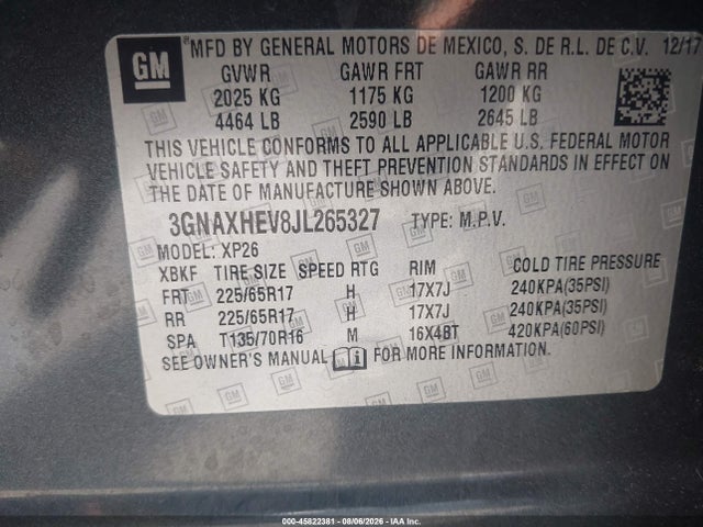 45822381 :رقم المزاد ، 3GNAXHEV8JL265327 vin ، 2018 Chevrolet Equinox Ls مزاد بيع