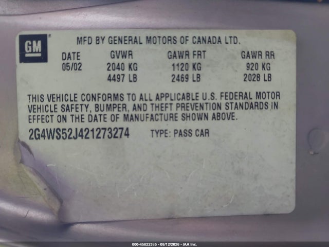 Продаж на аукціоні авто 2002 Buick Century Custom, vin: 2G4WS52J421273274, номер лоту: 45822385