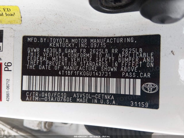 Продажа на аукционе авто 2016 Toyota Camry Le, vin: 4T1BF1FK0GU143731, номер лота: 45822387