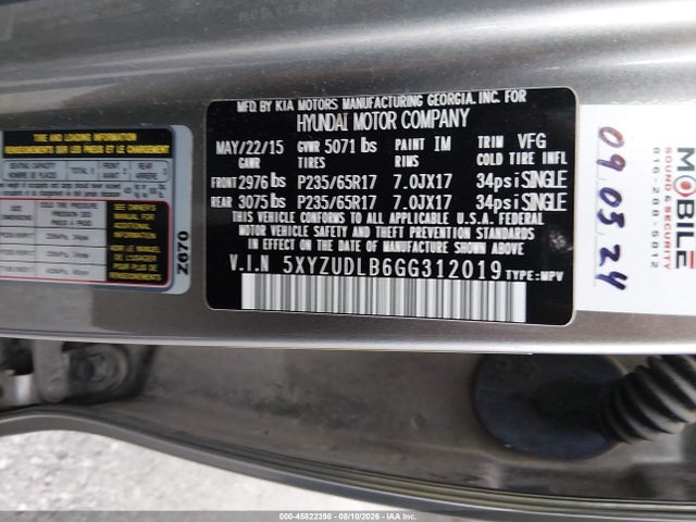 Aukcja sprzedaży 2016 Hyundai Santa Fe Sport 2.4l, vin: 5XYZUDLB6GG312019, numer aukcji: 45822398