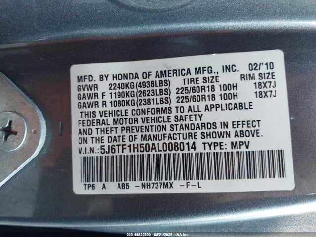 45822400 :رقم المزاد ، 5J6TF1H50AL008014 vin ، 2010 Honda Accord Crosstour Ex-l مزاد بيع