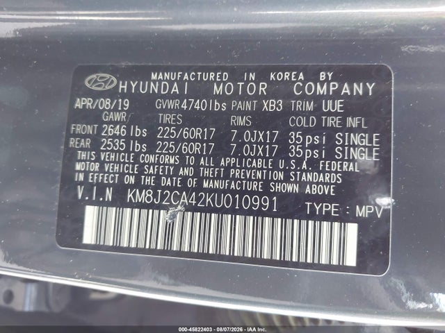 Продаж на аукціоні авто 2019 Hyundai Tucson Se, vin: KM8J2CA42KU010991, номер лоту: 45822403