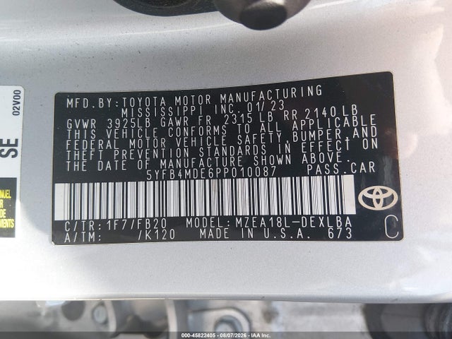 45822405 :رقم المزاد ، 5YFB4MDE6PP010087 vin ، 2023 Toyota Corolla Le مزاد بيع