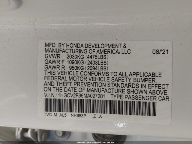 Продаж на аукціоні авто 2021 Honda Accord Sport 2.0t, vin: 1HGCV2F36MA027281, номер лоту: 45822434
