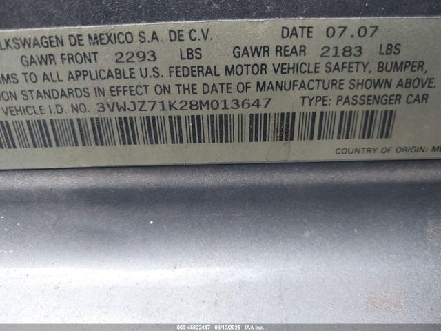 Aukcja sprzedaży 2008 Volkswagen Jetta S, vin: 3VWJZ71K28M013647, numer aukcji: 45822447