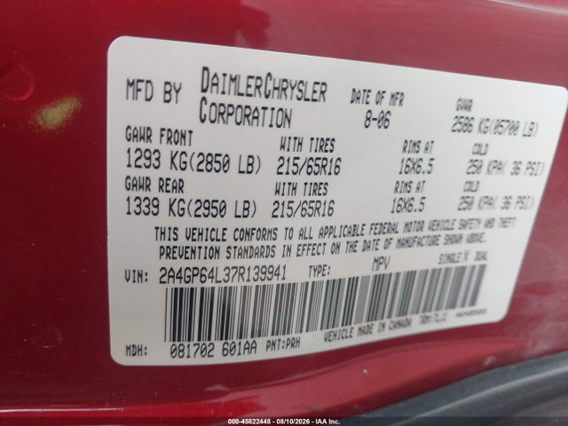 Aukcja sprzedaży 2007 Chrysler Town & Country Limited, vin: 2A4GP64L37R139941, numer aukcji: 45822448
