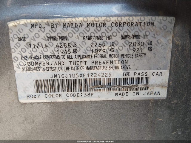 2015 Mazda 6 Sport მანქანა იყიდება აუქციონზე, vin: JM1GJ1U5XF1224225, აუქციონის ნომერი: 45822483