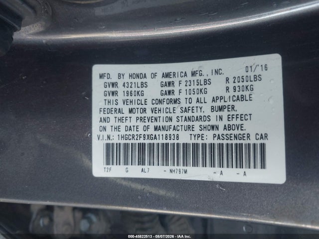 2016 Honda Accord Ex-l მანქანა იყიდება აუქციონზე, vin: 1HGCR2F9XGA118938, აუქციონის ნომერი: 45822513