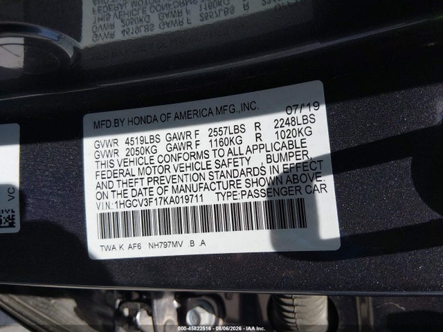 Aukcja sprzedaży 2019 Honda Accord Hybrid, vin: 1HGCV3F17KA019711, numer aukcji: 45822516