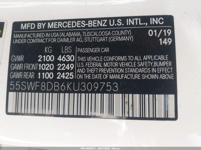 Продаж на аукціоні авто 2019 Mercedes-benz C 300, vin: 55SWF8DB6KU309753, номер лоту: 45822517