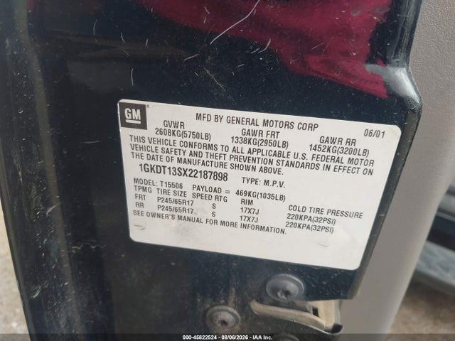 2002 Gmc Envoy Slt მანქანა იყიდება აუქციონზე, vin: 1GKDT13SX22187898, აუქციონის ნომერი: 45822524