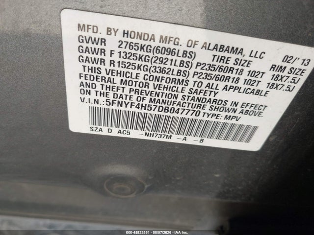 2013 Honda Pilot Ex-l მანქანა იყიდება აუქციონზე, vin: 5FNYF4H57DB047770, აუქციონის ნომერი: 45822551