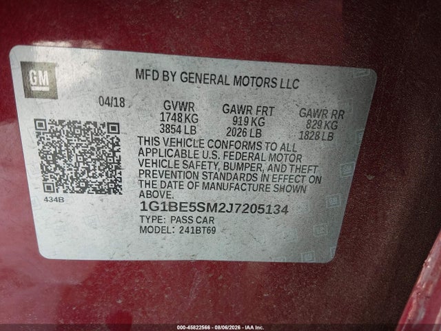 1G1BE5SM2J7205134 Chevrolet Cruze Lt Auto