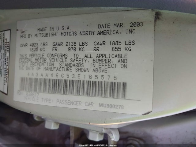 Auction sale of the 2003 Mitsubishi Galant Es/ls, vin: 4A3AA46G53E165575, lot number: 45822568