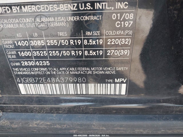 45822585 :رقم المزاد ، 4JGBB72E48A379980 vin ، 2008 Mercedes-benz Ml 550 4matic مزاد بيع