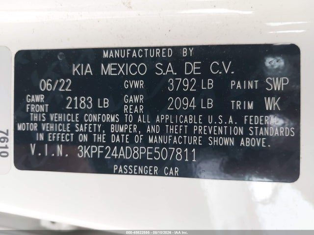 Продажа на аукционе авто 2023 Kia Forte Lxs, vin: 3KPF24AD8PE507811, номер лота: 45822595