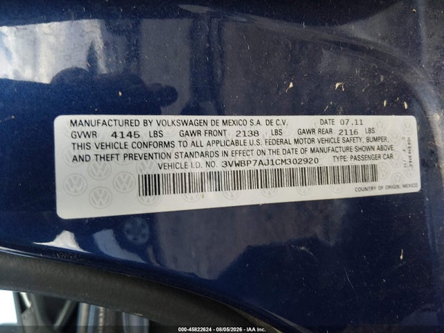 2012 Volkswagen Jetta 2.5l Se მანქანა იყიდება აუქციონზე, vin: 3VWBP7AJ1CM302920, აუქციონის ნომერი: 45822624