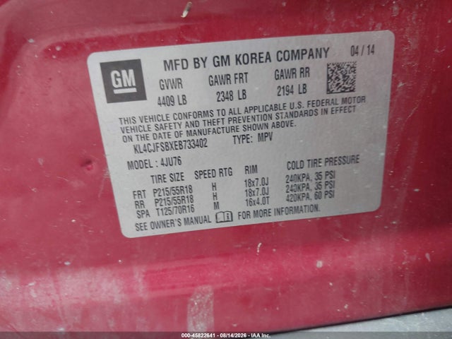 45822641 :رقم المزاد ، KL4CJFSBXEB733402 vin ، 2014 Buick Encore Convenience مزاد بيع