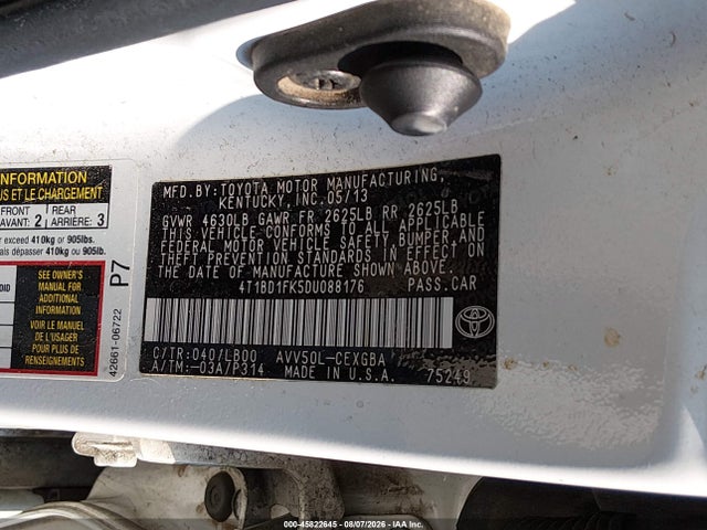 45822645 :رقم المزاد ، 4T1BD1FK5DU088176 vin ، 2013 Toyota Camry Hybrid Xle مزاد بيع