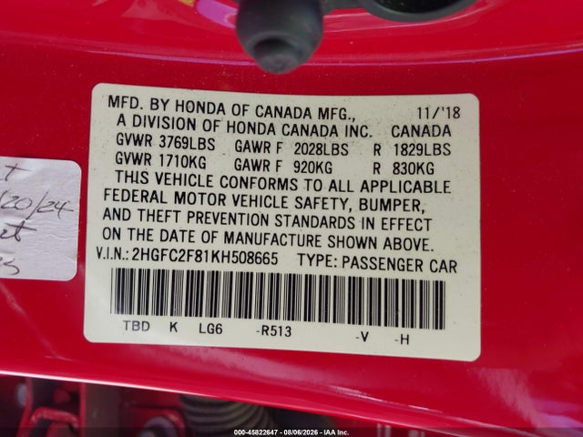 45822647 :رقم المزاد ، 2HGFC2F81KH508665 vin ، 2019 Honda Civic Sport مزاد بيع