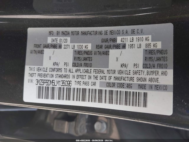 45822658 :رقم المزاد ، 3MZBPBDM5LM135096 vin ، 2020 Mazda Mazda3 Preferred Package مزاد بيع