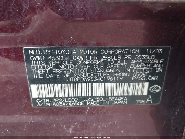 Продаж на аукціоні авто 2004 Lexus Gs 300, vin: JT8BD69S340196119, номер лоту: 45822666