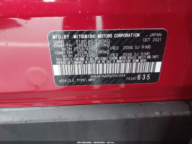 45822669 :رقم المزاد ، JA4J4TA82NZ041564 vin ، 2022 Mitsubishi Outlander Es 2.5 S-awc مزاد بيع