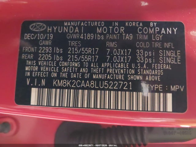 Продажа на аукционе авто 2020 Hyundai Kona Sel, vin: KM8K2CAA8LU522721, номер лота: 45822671
