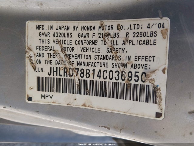 45822673 :رقم المزاد ، JHLRD78814C036950 vin ، 2004 Honda Cr-v Ex مزاد بيع