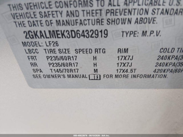 Aukcja sprzedaży 2013 Gmc Terrain Sle-1, vin: 2GKALMEK3D6432919, numer aukcji: 45822676
