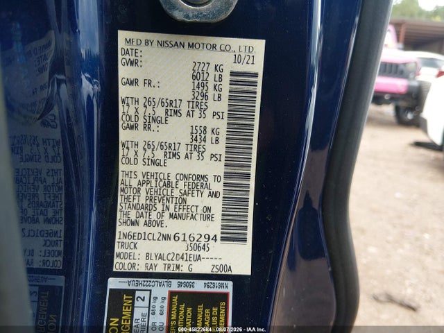 Aukcja sprzedaży 2022 Nissan Frontier King Cab Sv 4x2, vin: 1N6ED1CL2NN616294, numer aukcji: 45822684