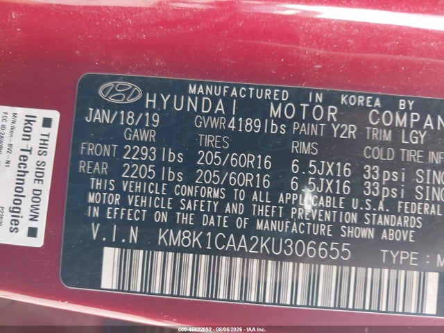 Aukcja sprzedaży 2019 Hyundai Kona Se, vin: KM8K1CAA2KU306655, numer aukcji: 45822692
