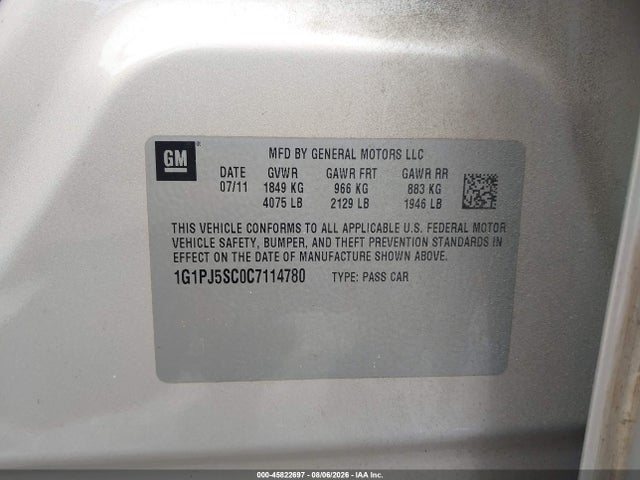 45822697 :رقم المزاد ، 1G1PJ5SC0C7114780 vin ، 2012 Chevrolet Cruze Eco مزاد بيع