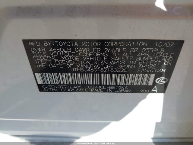 Продажа на аукционе авто 2008 Lexus Es 350, vin: JTHBJ46G182180220, номер лота: 45822698