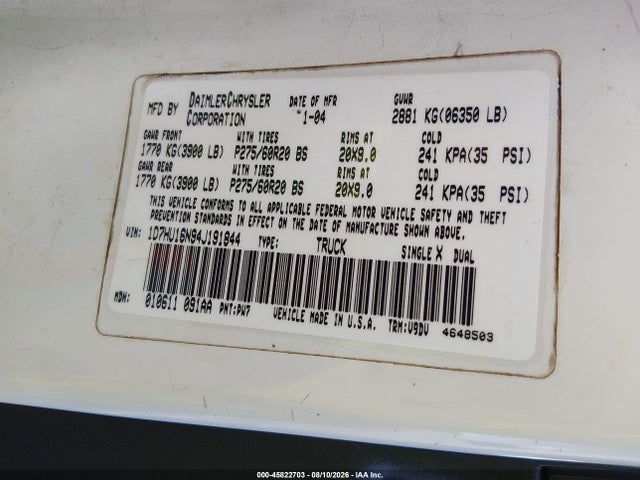 45822703 :رقم المزاد ، 1D7HU16N94J191844 vin ، 2004 Dodge Ram 1500 Slt/laramie مزاد بيع